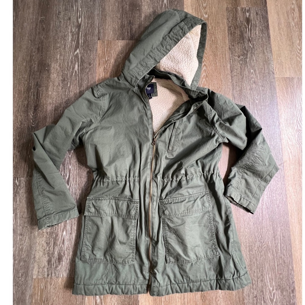 Gap Parka Jacket Women Large Green Sherpa Lined Utility Hooded Field Coat